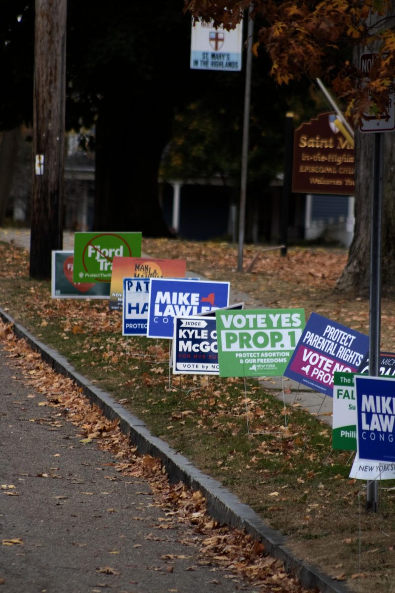 Political signs compete for attention near the stoplight in Cold Spring. 