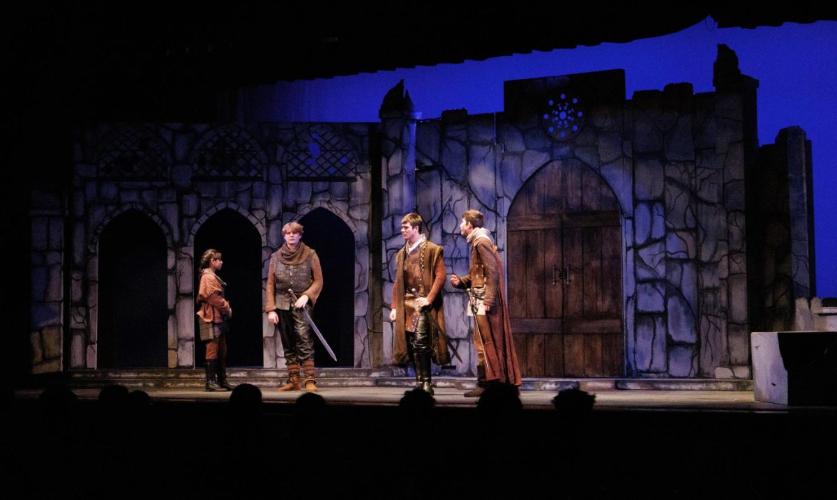 (L to R) Araliss Coronel, James Llewellyn, Merrick Williams, and Sam Chew perform in the Haldane rendition of "Macbeth."