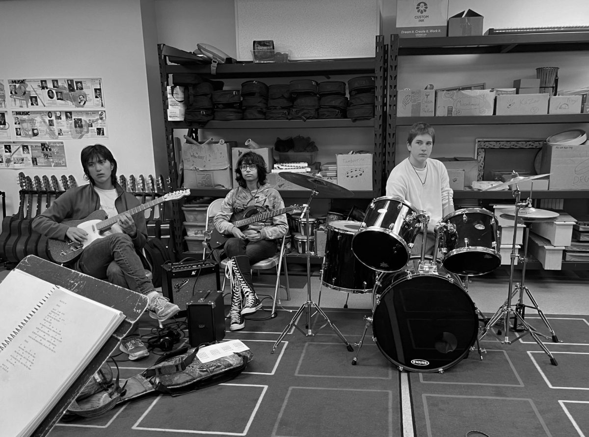 Senior James Frommer, sophomore Katherine Botros, and Junior Lachlan Koch, all members of the Blues Devils, rehearse in the Band Room on Tuesday, October 28, 2025.