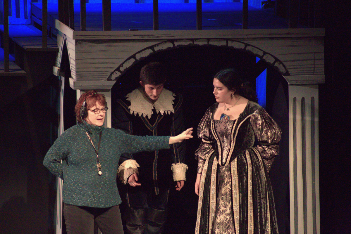 Director Martha Mechalakos (left) offers guidance to sophomore Samuel Chew and senior Lucia Petty during a rehearsal on Nov. 28.
