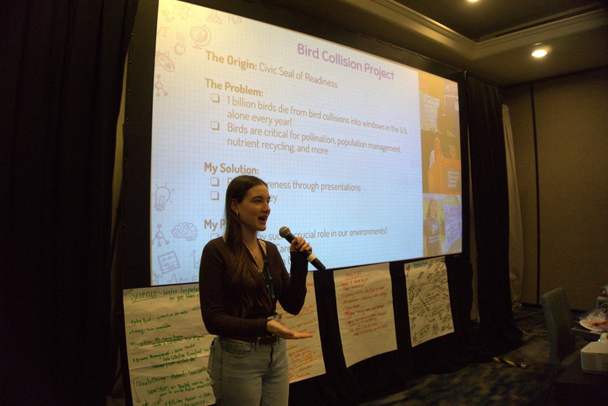 Freshman Clara Schimming speaks about environmental education at the Green Schools Conference in San Diego on Tuesday, Feb. 17, 2026.