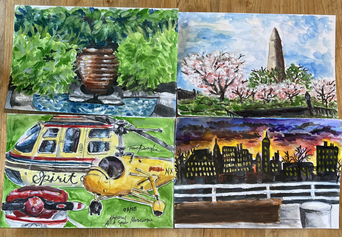 Four watercolors made by junior Frances Donahue on the Junior Class trip to Washington D.C. on March 24-27, 2026 depict (clockwise from top left): the United States Botanical Garden, the Washington Monument, the National Air and Space Museum, and a view from the Potomac River.