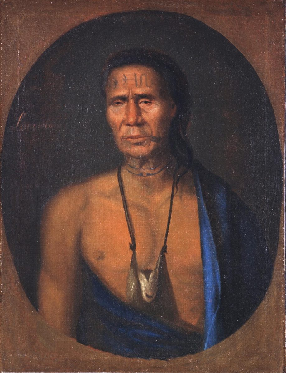 Lenape chief Lappawinsoe depicted in a 1735 portrait by Gustavus Hesselius, Courtesy of the Atwater Kent Museum of Philadelphia.